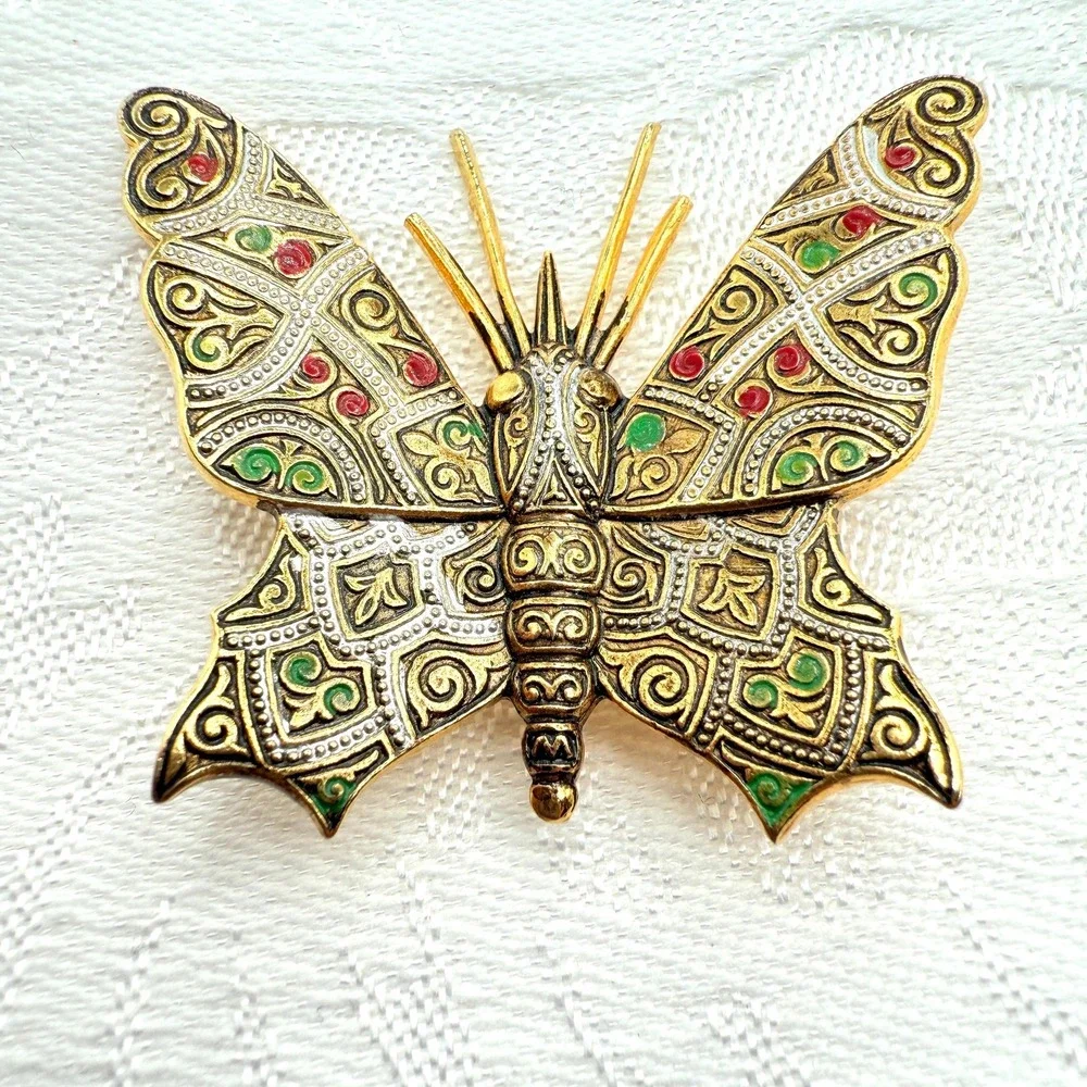 Vintage Gold Tone Damascene Style Butterfly Brooch Costume Pin | Made in Spain
